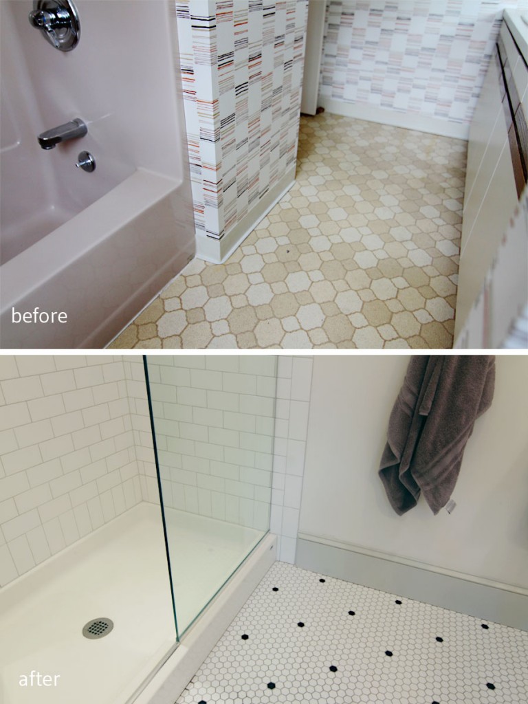 BEFORE: Awkward tub position and horrible doorway hidden underneath a sloping eave made this gross space even less functional. AFTER: Our homeowners wanted a shower only, so we retained the wet-wall placement, but slid the basin toward the back of the room. We kept the finishes simple in hex and subway tile with a medium gray grout.