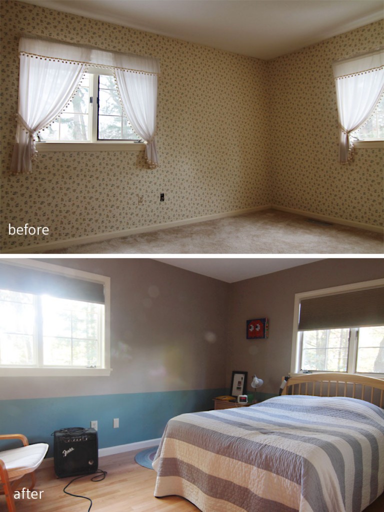 BEFORE: He was none too pleased with the floral wallpaper, dainty curtains, and carpeted floor. AFTER: New wood floors, paint, and a few blackout shades (completely necessary for teenagers) make this space ready to grow along with him.