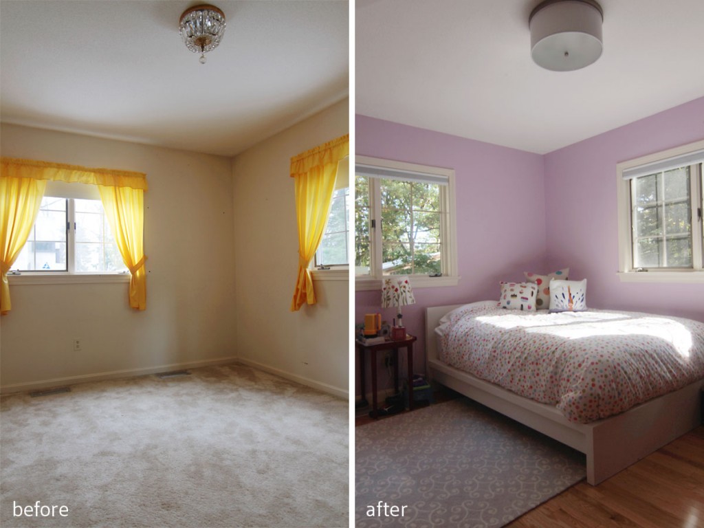BEFORE: She wasn't at all happy with the carpeting, or the yellow drapes, but she loved the light (she claimed her room first). AFTER: Her love of purples, plus light, gave us a starting point for a girly but sophisticated space.