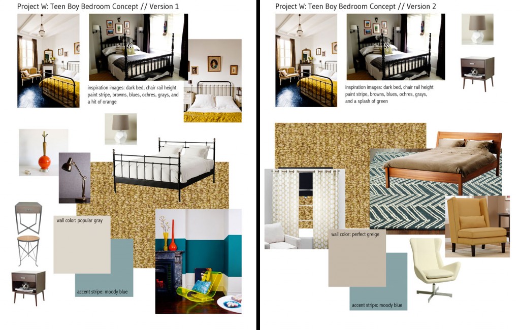 Initially our budget called for replacing the wall-to-wall carpeting with more carpeting, but the clients decided to splurge on hardwood flooring. I tried to offer some options for what might suit a man-to-be in version 1, and adjusted my notions for a more specific young man in version 2.