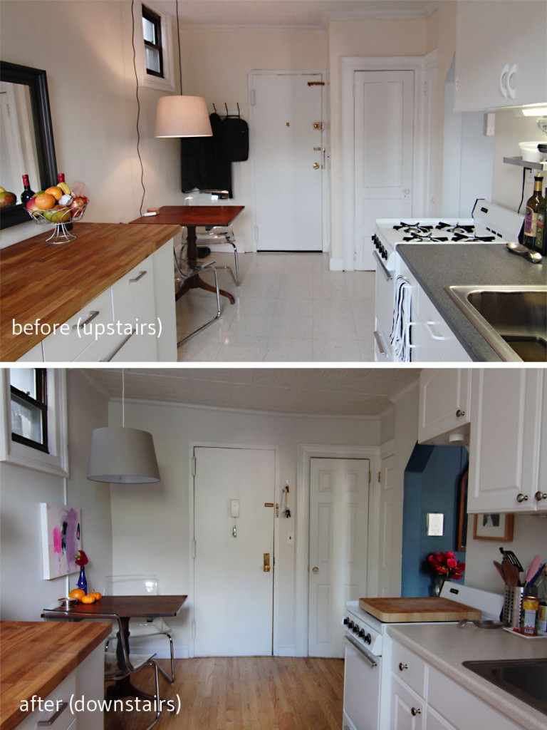 BEFORE: Upstairs, in the Pied à Terre, the entry door was in a different position. AFTER: Downstairs, in the Pied à Deux, we had to get creative to fit our dining area, our cabinets, and meet our pantry storage needs.