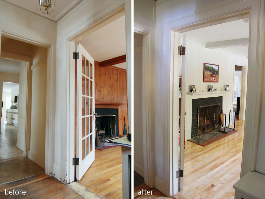 BEFORE: Flooring was in rough shape, original knotty pine panelling, pretty dated feel. AFTER: Brightened up paneling in Repose Gray, refinished flooring, new tile, updated entry.