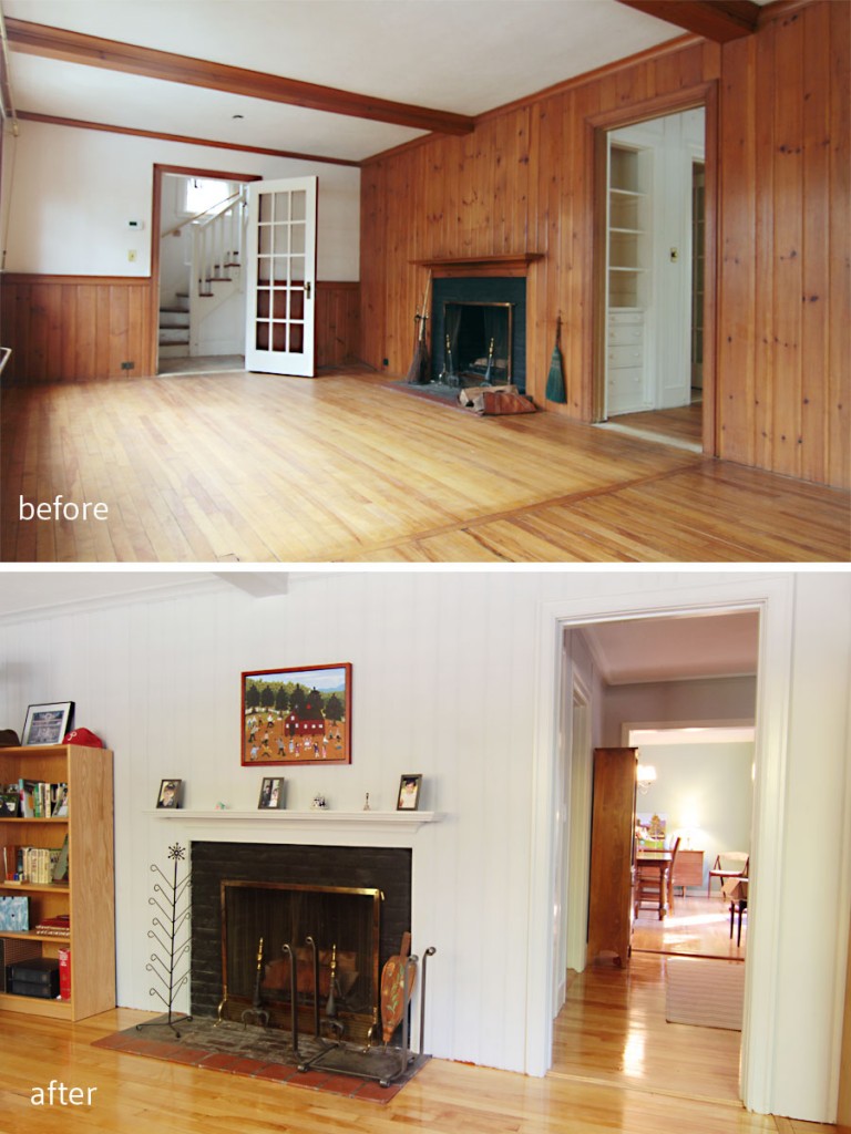 BEFORE: This room was the formal living space once upon a time. AFTER: Now a cozy office and library, the Ws can tuck in with a fire, a sip of adult elixir, and enjoy the reinvented space.