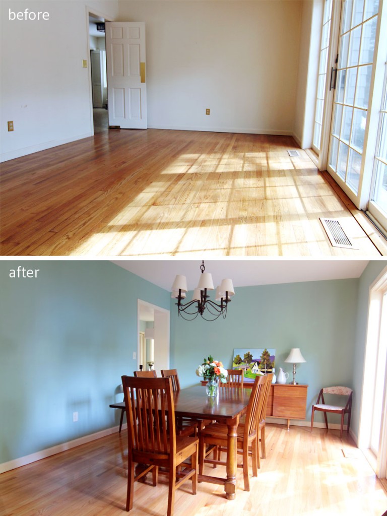 BEFORE: This room was bright, but had no personality. AFTER: A modern wall color mixes well with the homeowners' warm wood mid-century and mission style furnishings.