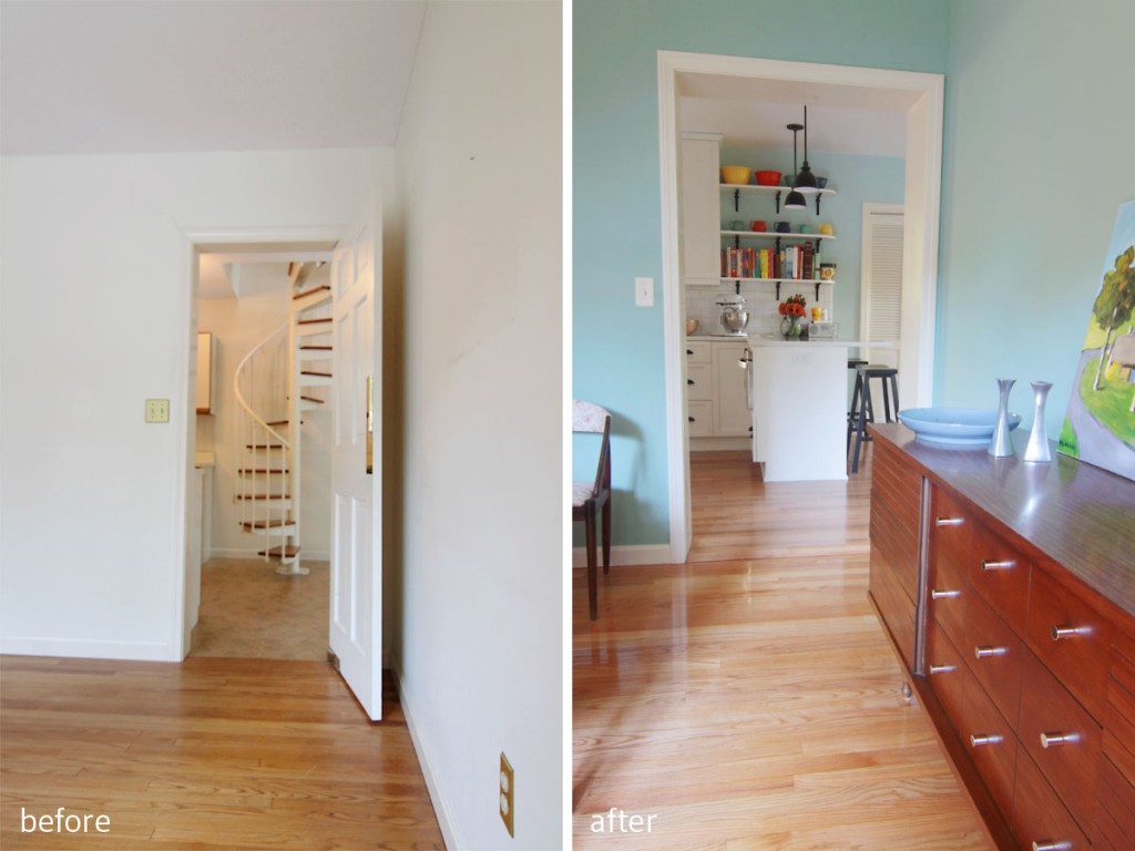 BEFORE: Linoleum flooring throughout most of the addition made for an unappealing transition. AFTER: Continuing wood floors throughout gives a sense of continuity and flow.