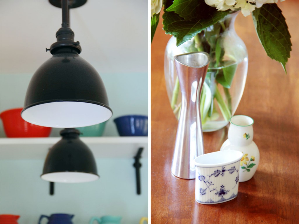 Beauty shots: left, Schoolhouse lights; right, family treasures on easy display in the dining room.
