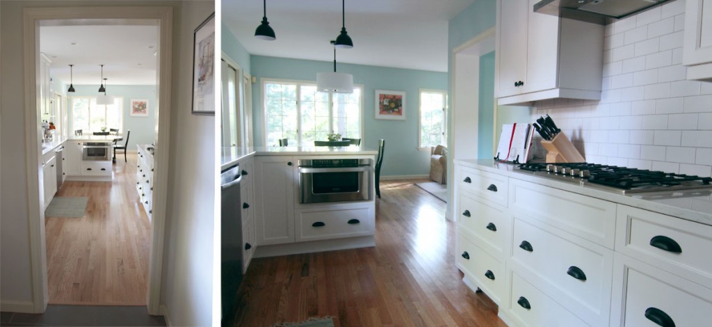 Left, view to the bright kitchen and family space; right, cooking zone on the right, baking zone on the peninsula.